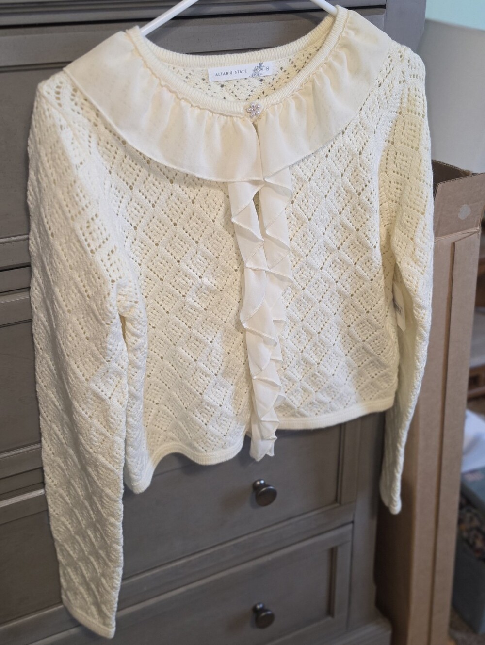 Altar'd State Cream Ruffle-Front Knit Cardigan